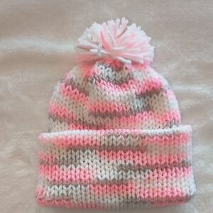 Pink, White and Gray Knit Pom-Pom Newborn Beanie